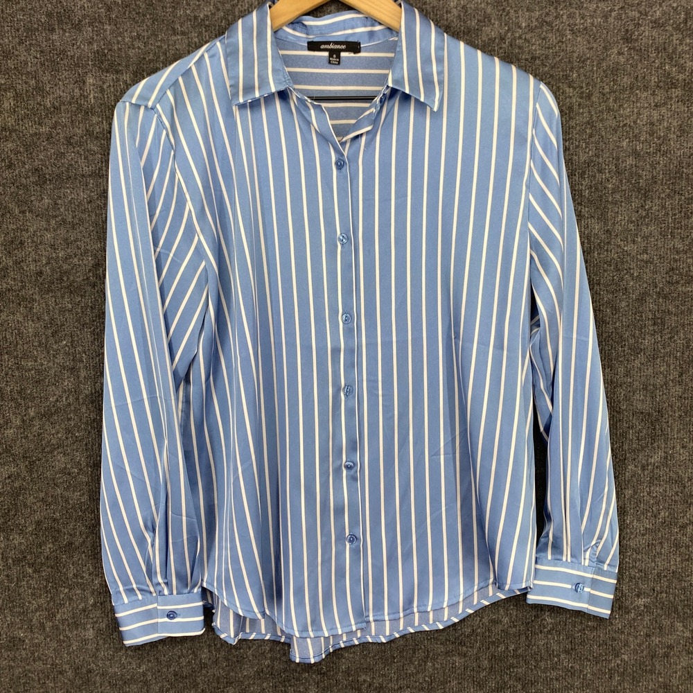 Ambiance Blue White Striped Button Down Blouse Long Sleeve Satin Top Small